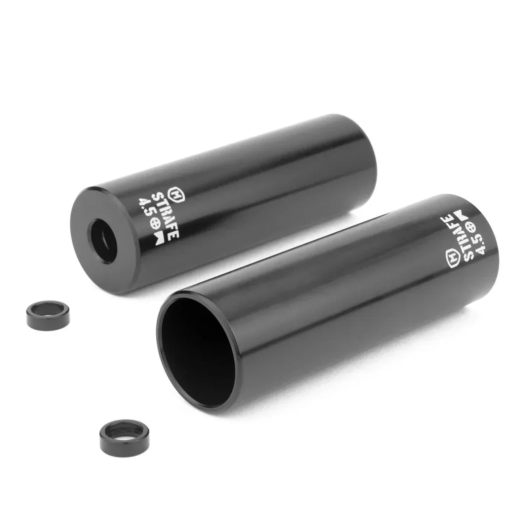 Black BMX bike pegs set with white strafe 4.5 markings, shown on white background