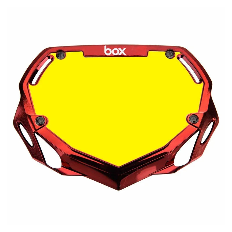 plaque à numéro BMX rouge avec plaque jaune et logo box