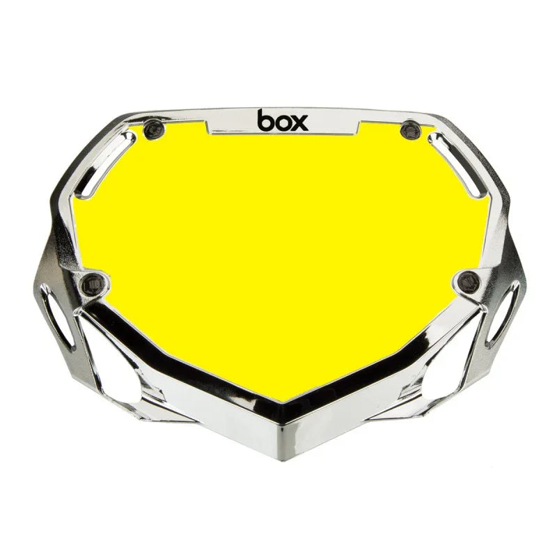 Protège-disque BMX jaune vif avec cadre chromé et logo box