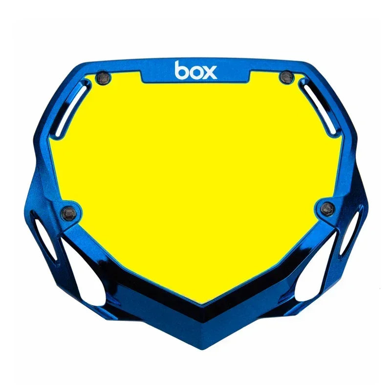 Protège-disque BMX bleu avec plaque jaune et logo box, accessoire de vélo tout terrain