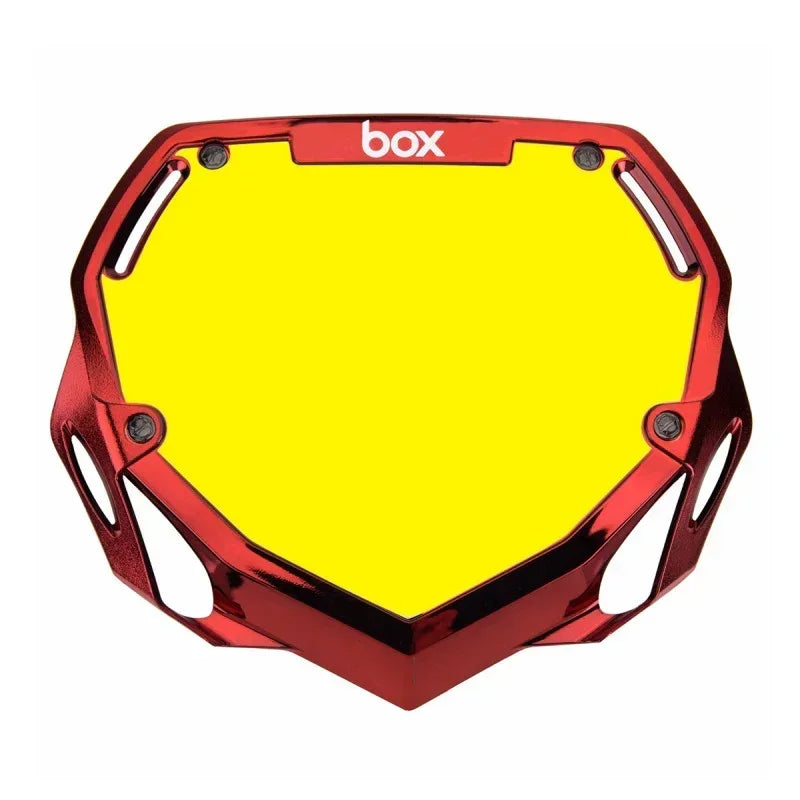 Protège-disque BMX rouge avec plaque jaune et logo box, accessoire de vélo tout terrain