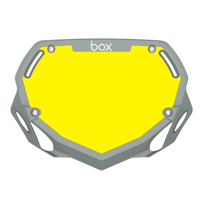 Plaque à numéro race BMX jaune avec cadre gris et logo box