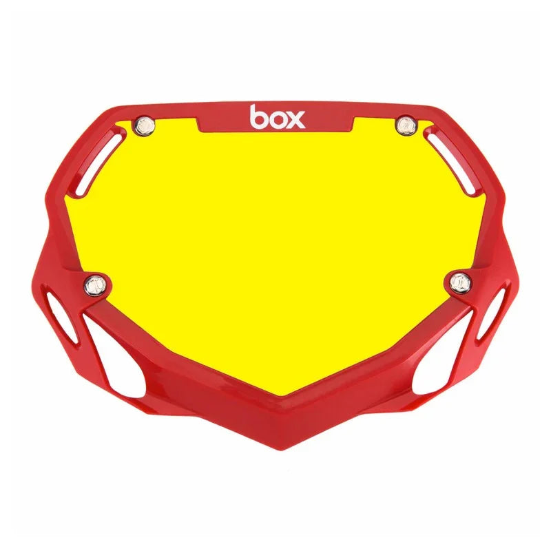 plaque box BMX rouge avec plaque jaune et logo box