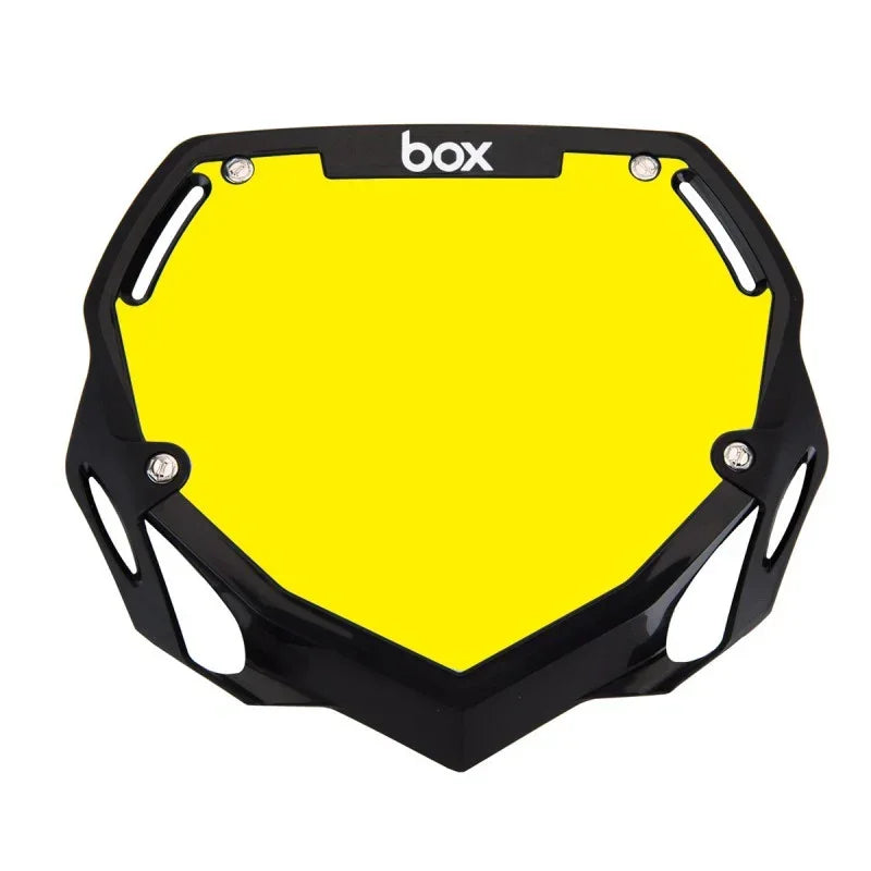 Plaque à numéro race BMX jaune vif avec cadre noir et logo box