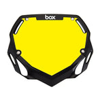 Plaque à numéro race BMX jaune vif avec cadre noir et logo box