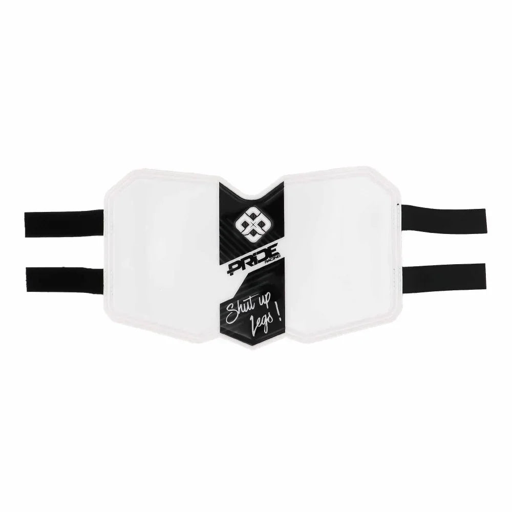 Protège-tibias BMX blanc avec logo PRIDE et sangle noire pour sécurité en vélo