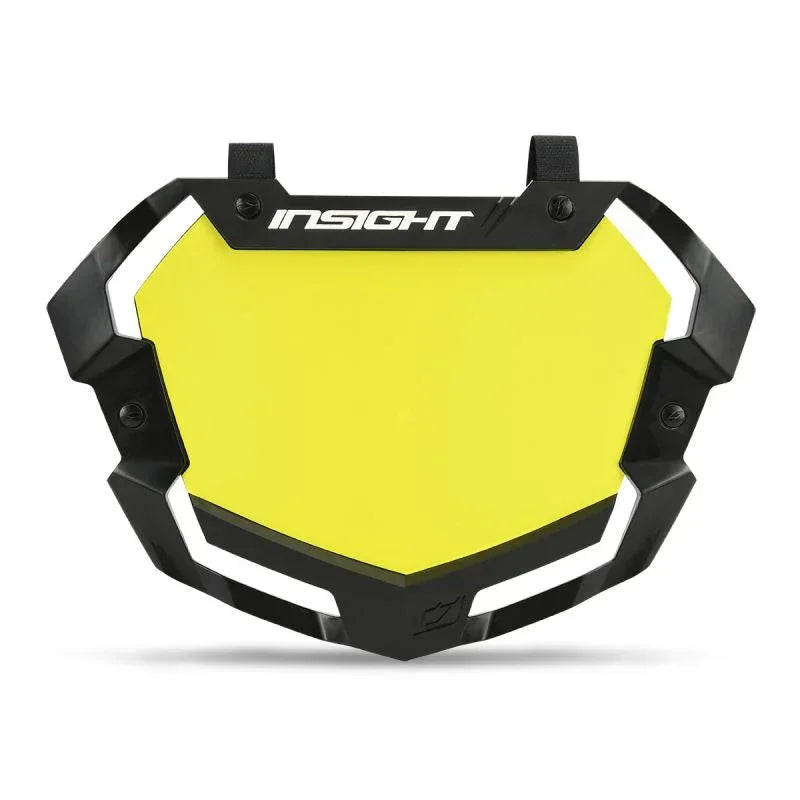 Protège-moteur BMX jaune vif avec cadre noir et logo INSIGHT, accessoire de protection pour vélo tout terrain