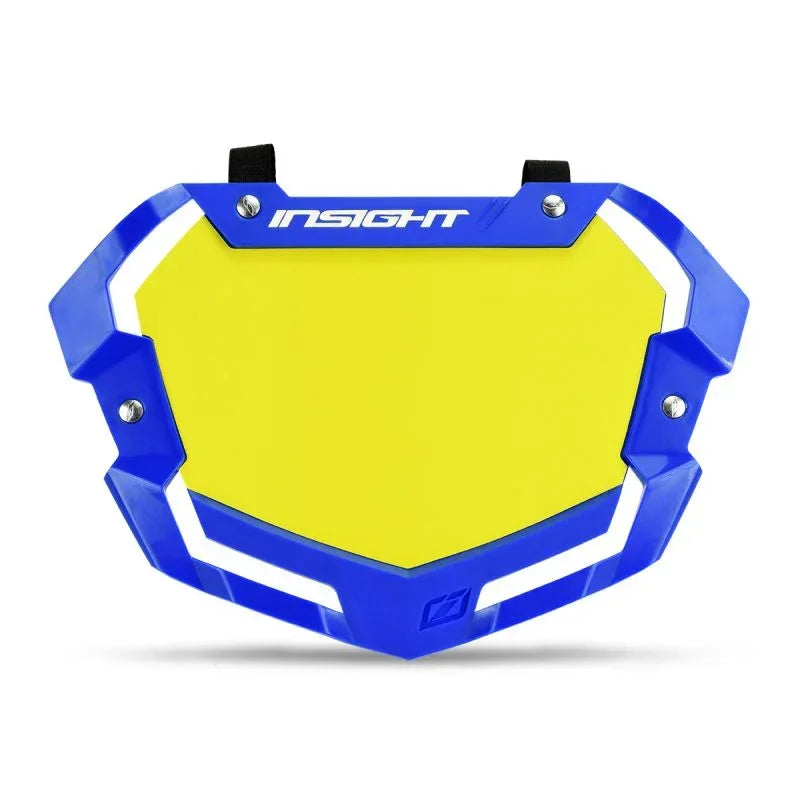 Protège-tibia bleu et jaune Insight pour BMX, design robuste avec sangles de fixation
