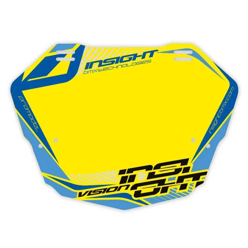 plaque à numéro BMX jaune et bleu Insight Vision GT, design sportif pour vélo tout terrain
