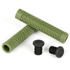 Poignées BMX vert olive avec motifs géométriques et bouchons noirs pour guidon