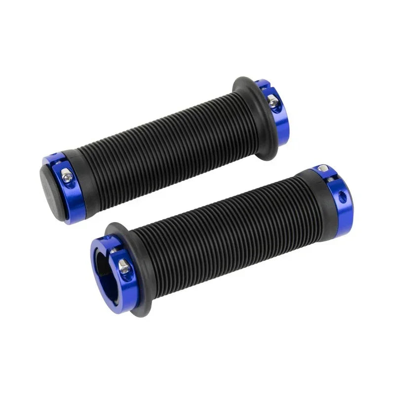 Poignées BMX noires texturées avec embouts bleus métalliques, accessoires vélo tout terrain