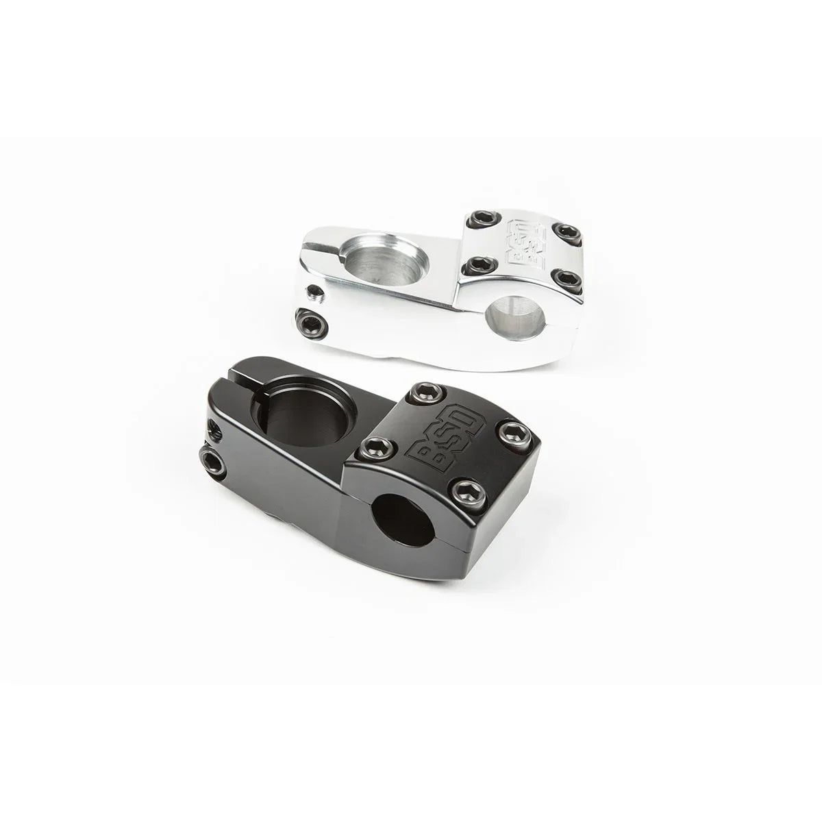 Potence de BMX BSD en versions chrome et noire sur fond blanc