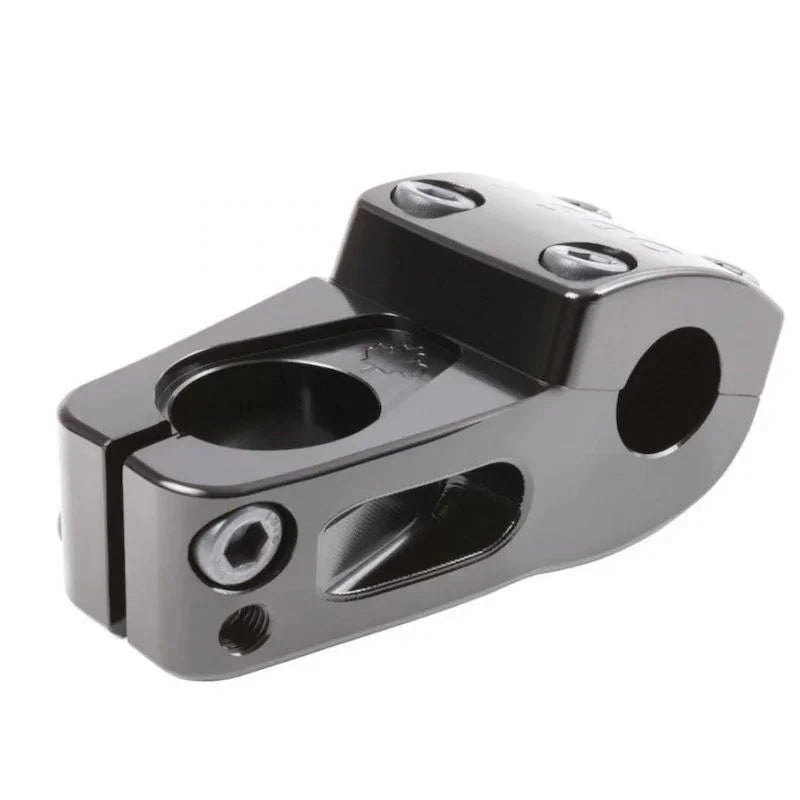 Potence BMX noire robuste avec vis de fixation et design ergonomique