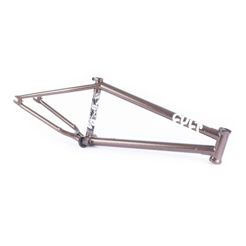 Cadre BMX métallique gris avec logo CULT, design robuste pour freestyle et street