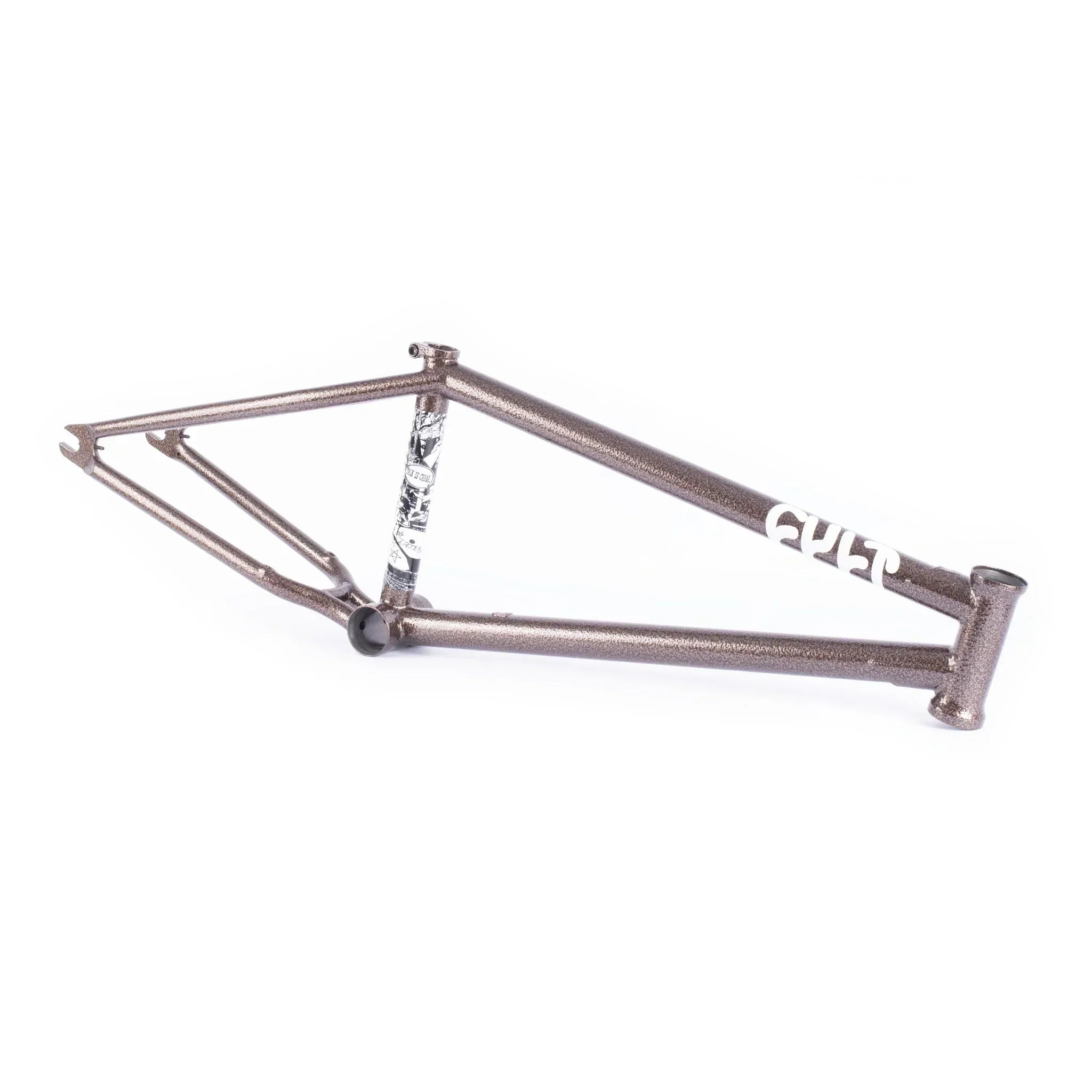 Cadre BMX métallique gris avec logo CULT, design robuste pour freestyle et street