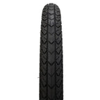 Black BMX bike tire with directional tread pattern, viewed from the front