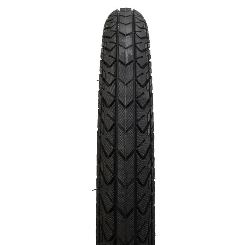 Black BMX bike tire with directional tread pattern, viewed from the front