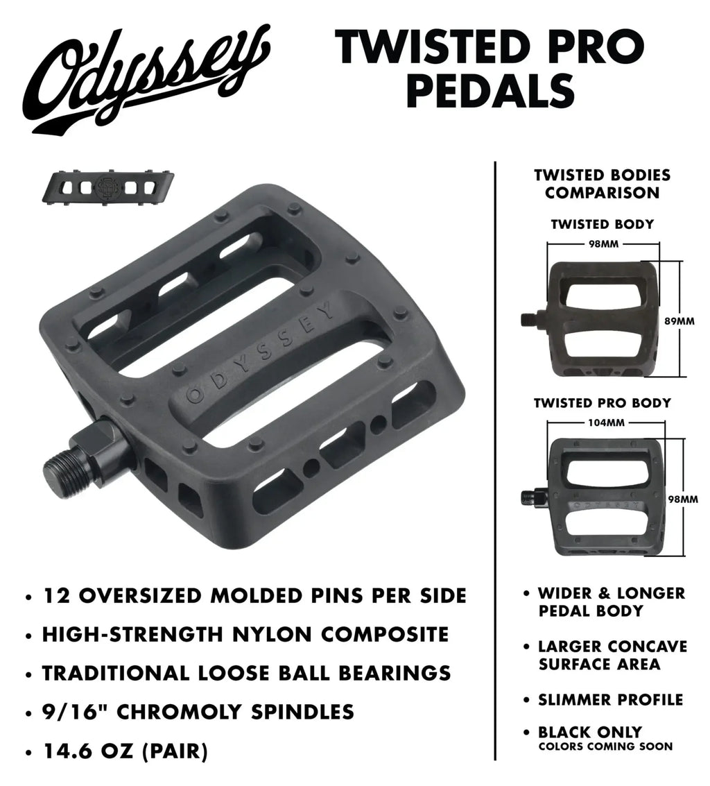 Pedales BMX Odyssey Twisted Pro noirs, corps large en nylon composite, broches moulées, roulements à billes