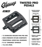 Pédales BMX SPORT IMPORT Twisted Pro en nylon composite noir avec dimensions et caractéristiques.
