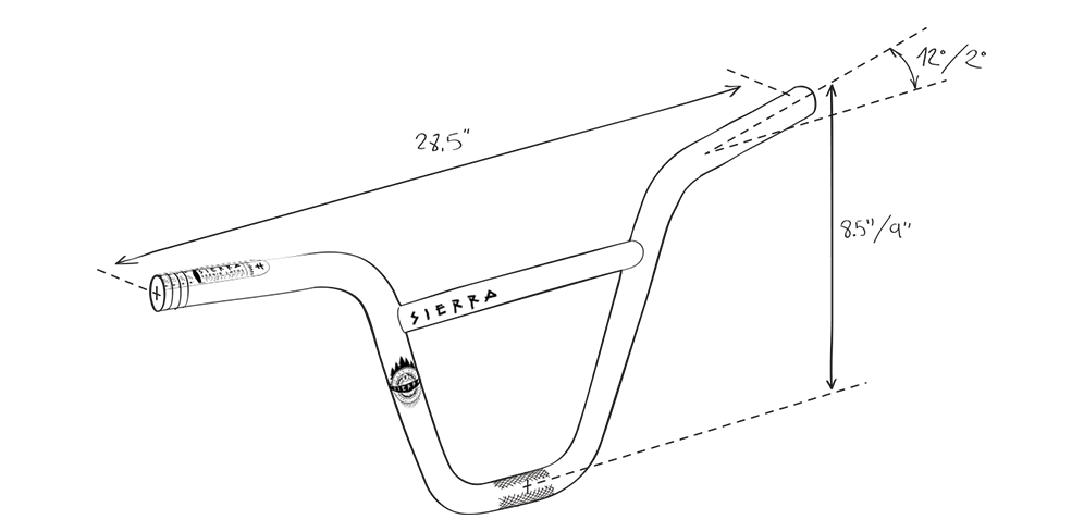 BMX bike handlebar diagram with measurements, featuring rise, width, and angle details.