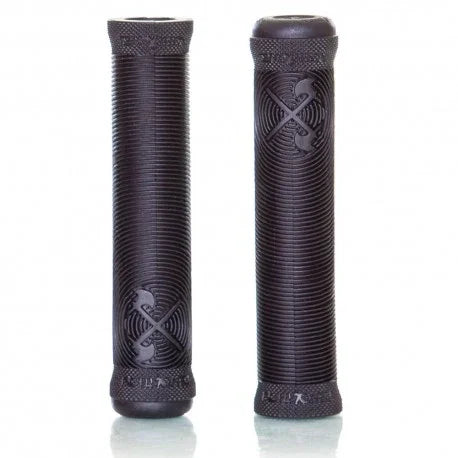 Poignées BMX noires texturées avec logo gravé, grip antidérapant pour vélo freestyle