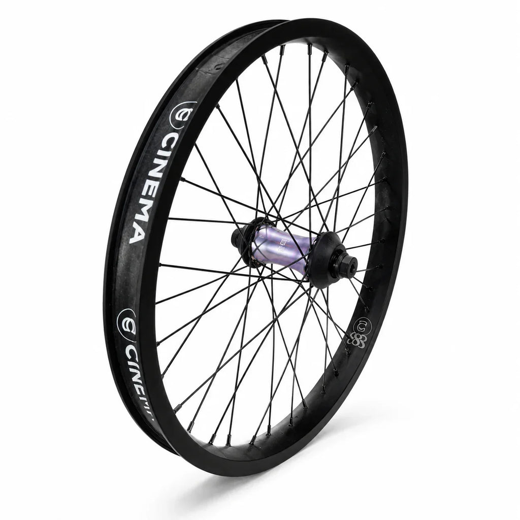 Roue BMX Cinema noire avec moyeu violet, idéale pour le freestyle et les tricks