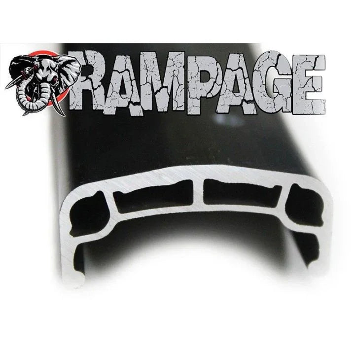 Cross-section of a black BMX Rampage bike rim with internal support structure, Rampage logo visible.
