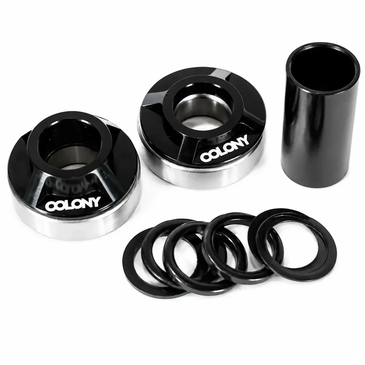 Kit de moyeux BMX Colony noir et argent avec rondelles d'ajustement