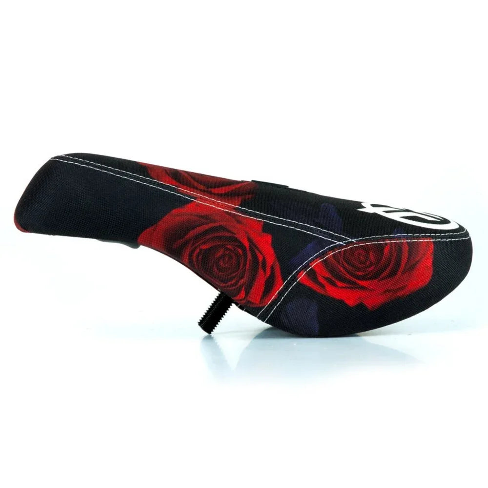 Selle de BMX noire avec motif de roses rouges et logo blanc