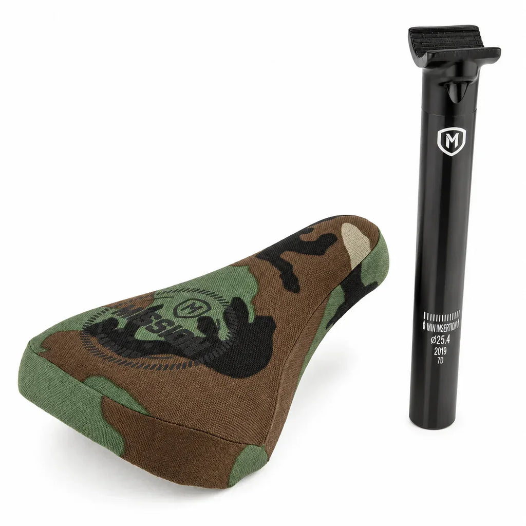 Selle BMX camouflage avec logo Mission et tige de selle noire, équipement de vélo freestyle