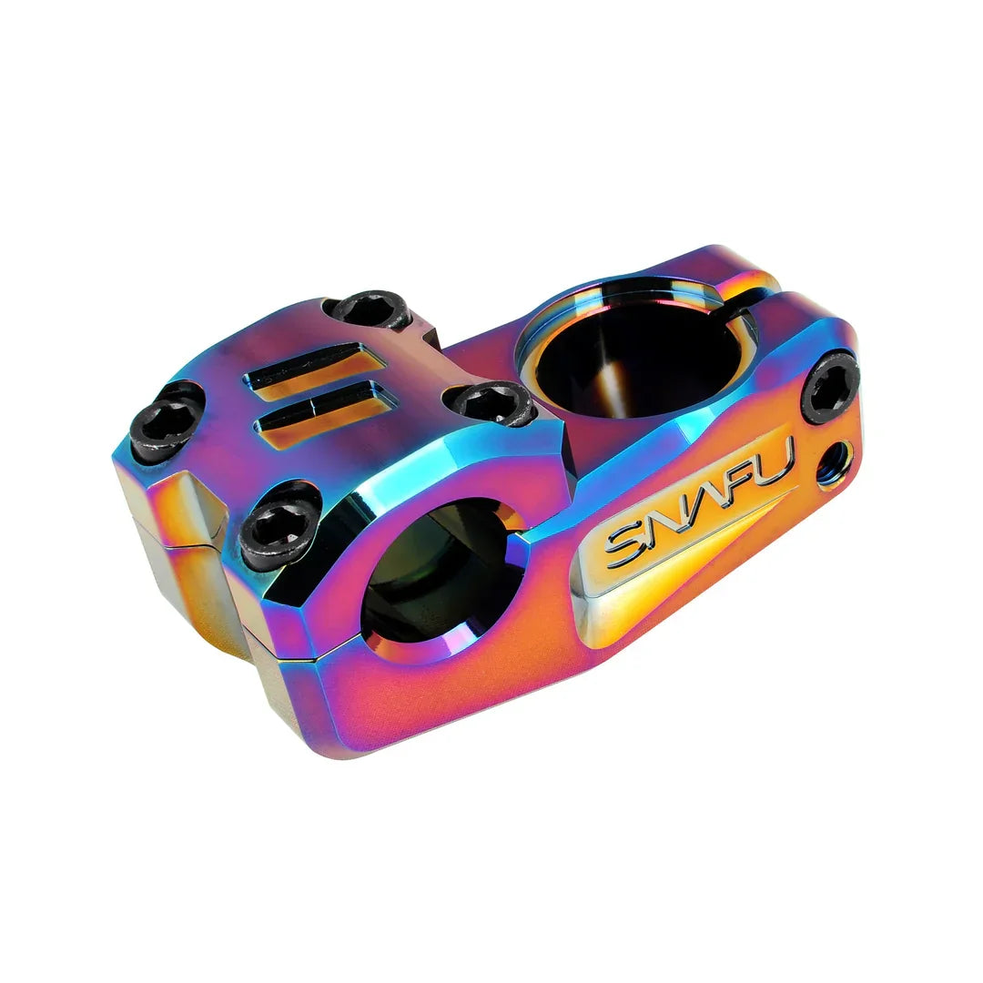 Potence BMX arc-en-ciel avec finition iridescente et vis noires, compatible guidon 31.8mm