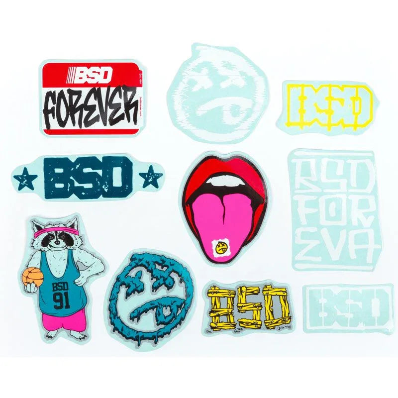 Stickers colorés BSD avec designs graphiques et mascotte de raton laveur pour BMX