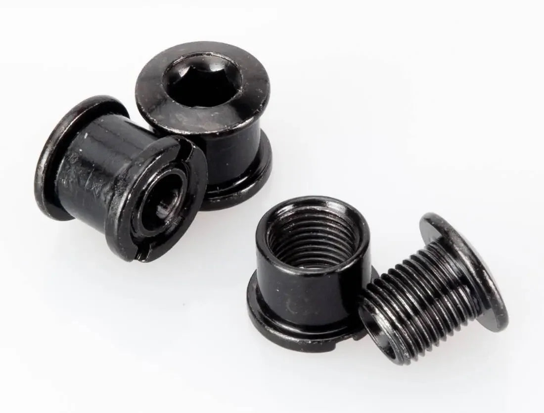 Black BMX sprocket bolts and nuts set on white background, close-up
