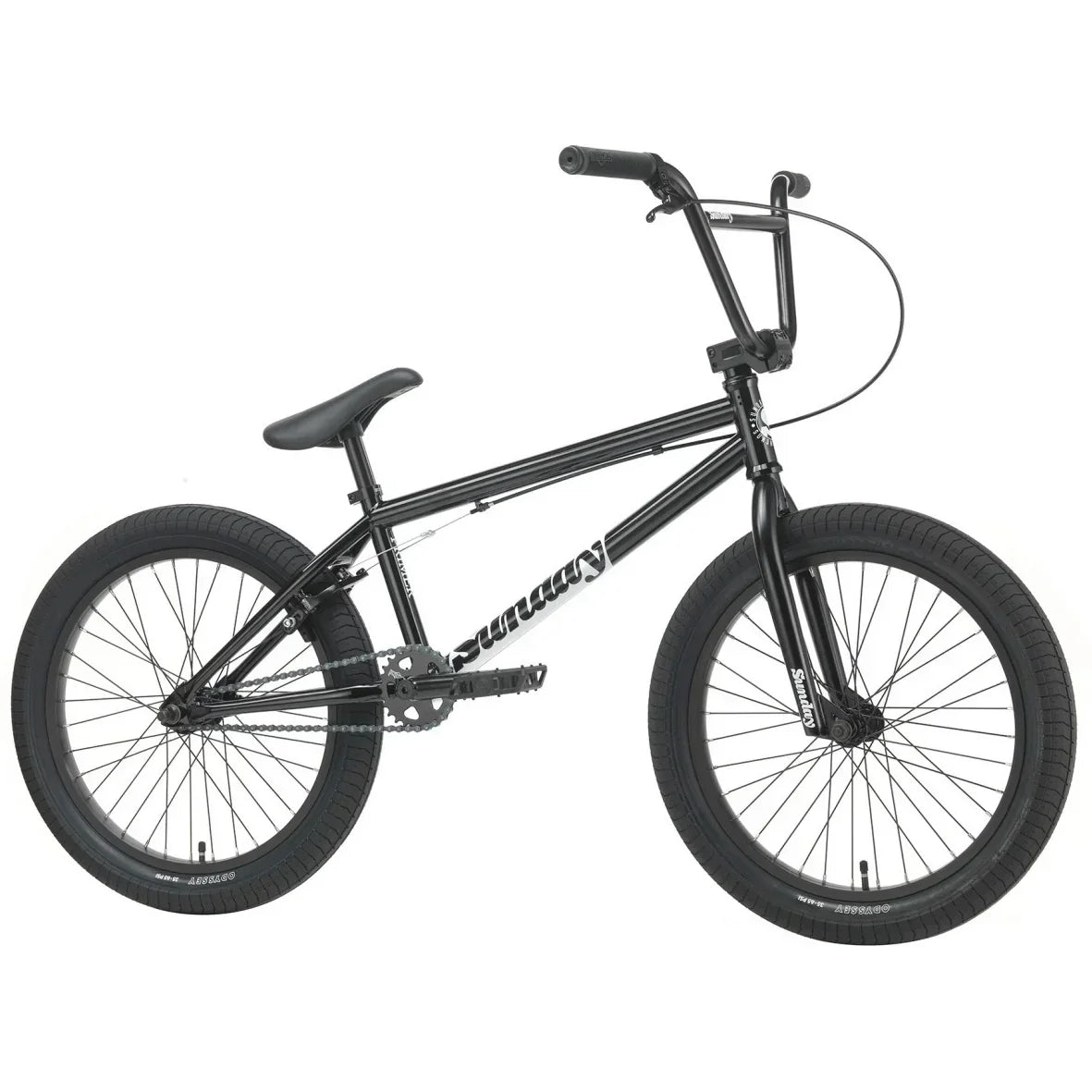 Vélo BMX Sunday noir complet pour freestyle sur fond blanc