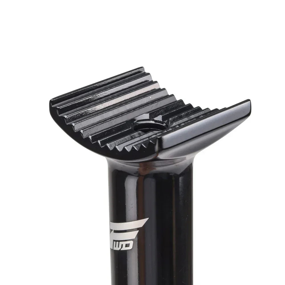 Poteau de selle BMX noir avec rainures et logo blanc