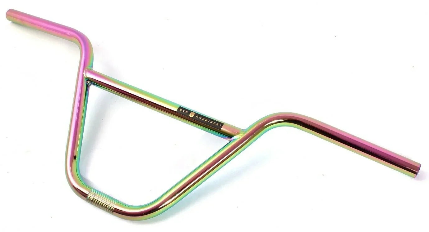 Guidon BMX arc-en-ciel avec finition métallique brillante, idéal pour vélo de freestyle