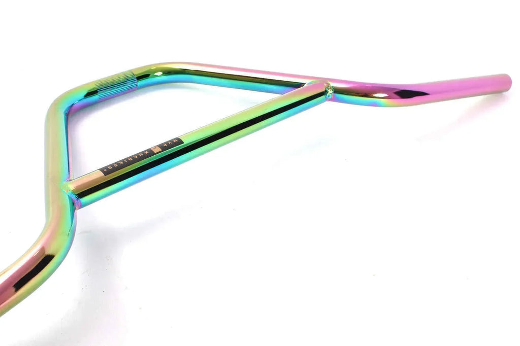 Guidon BMX iridescent multicolore avec finition arc-en-ciel, idéal pour vélo freestyle et tricks