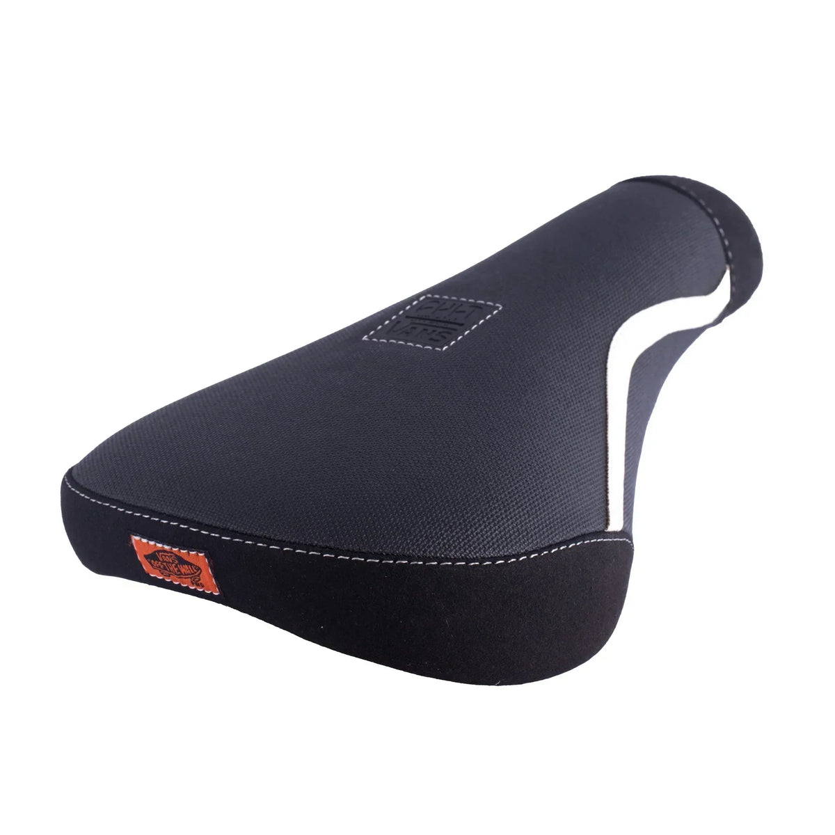 Selle BMX noire Vans avec coutures blanches et logo orange, design ergonomique pour freestyle