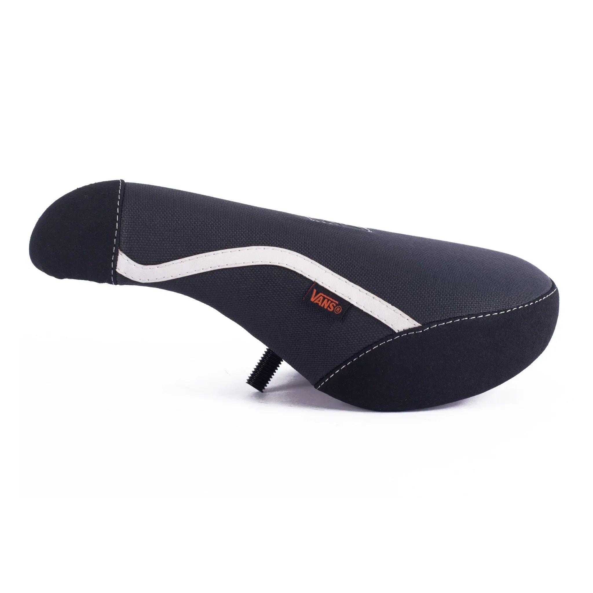 Selle BMX noire Vans avec bande blanche et coutures contrastantes, design ergonomique pour vélo freestyle