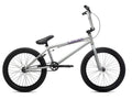 Vélo BMX argent avec cadre violet, roues noires et selle ergonomique pour freestyle et tricks