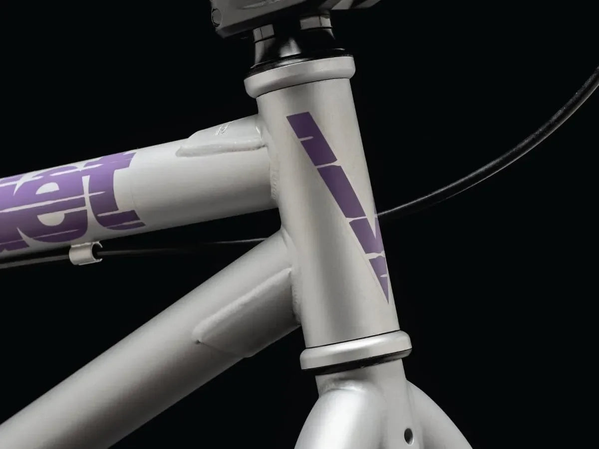 Cadre BMX argent avec détails violets, design robuste pour freestyle et tricks