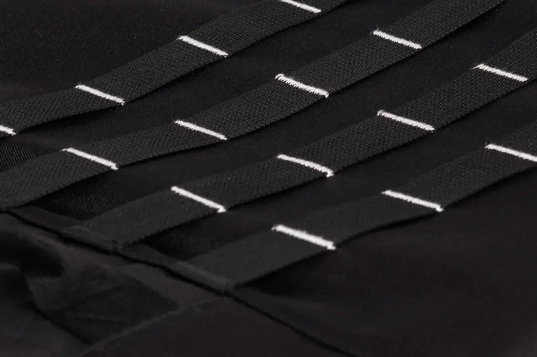 Détail de sangles noires avec coutures blanches pour équipement BMX, texture robuste et design technique