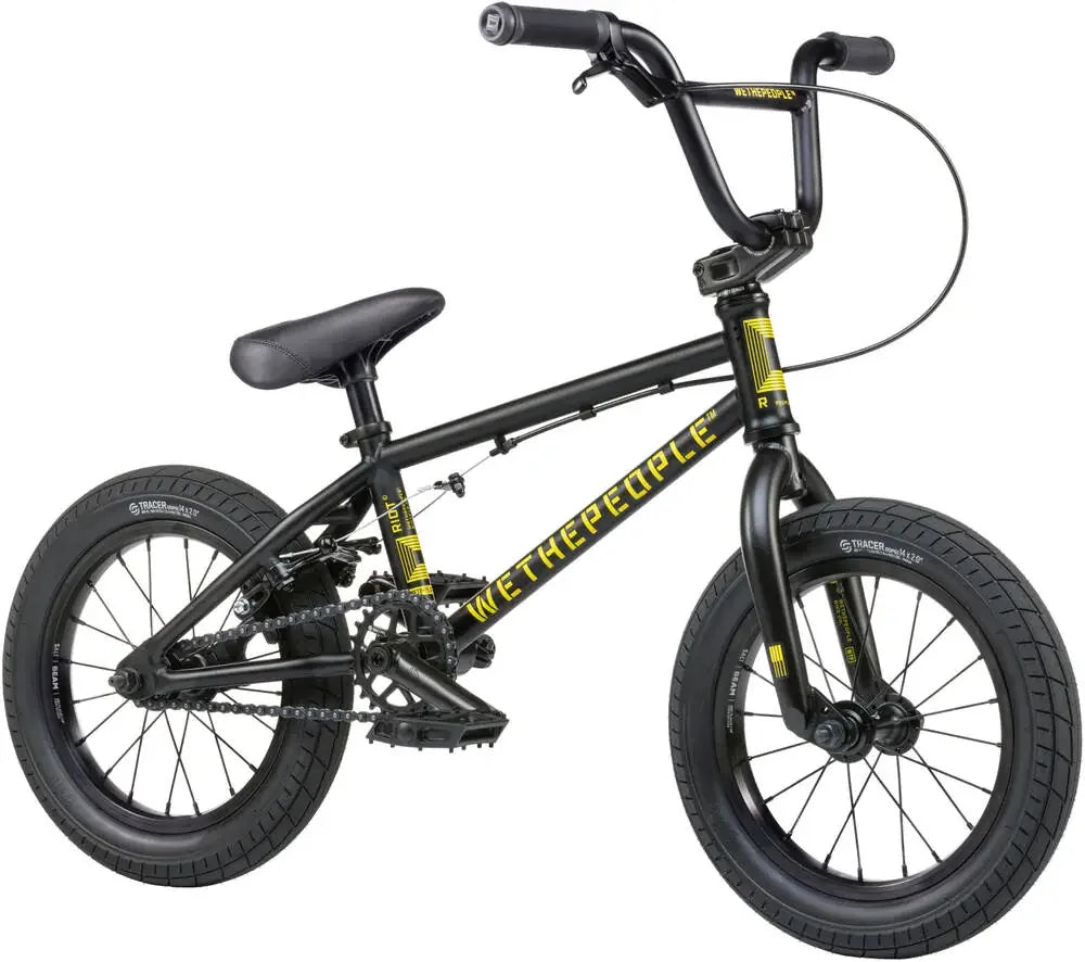 Vélo BMX noir et jaune WETHEPEOPLE pour tricks et freestyle, cadre robuste, pneus Tracer 20 pouces