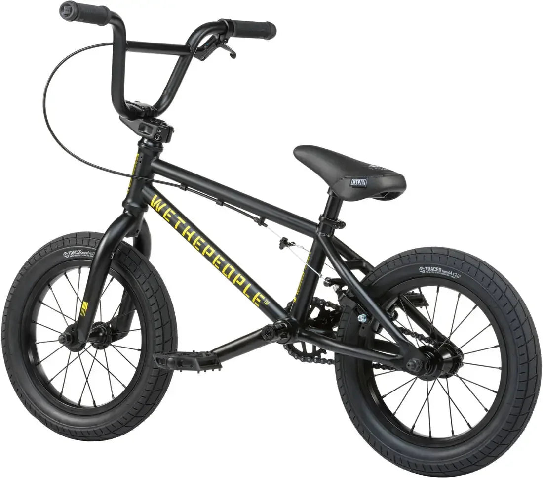 Vélo BMX noir avec cadre We The People, pneus Tracer, idéal pour tricks et freestyle